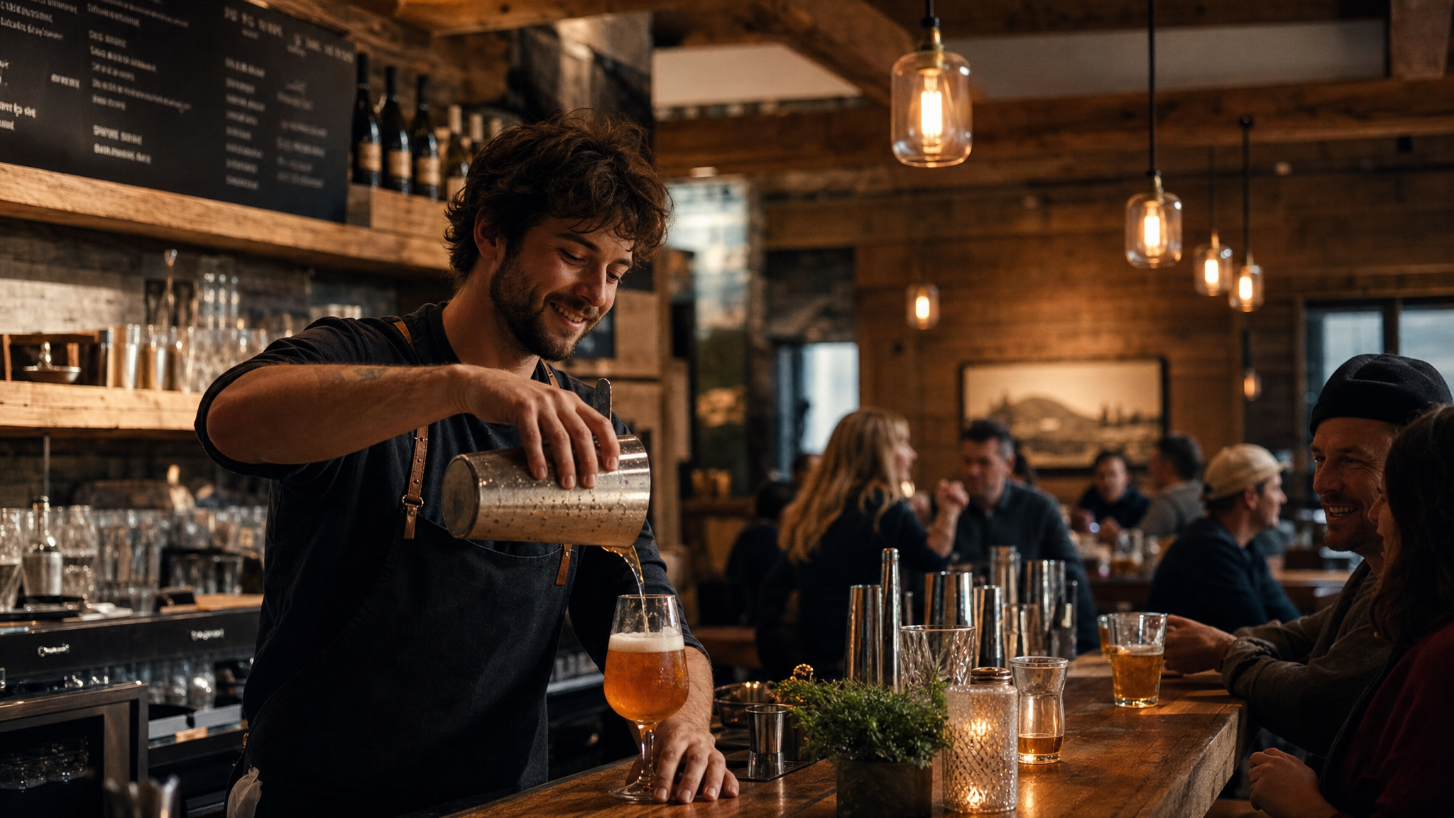 Bartender pouring drinks inside a warm rustic Cascadia cafe