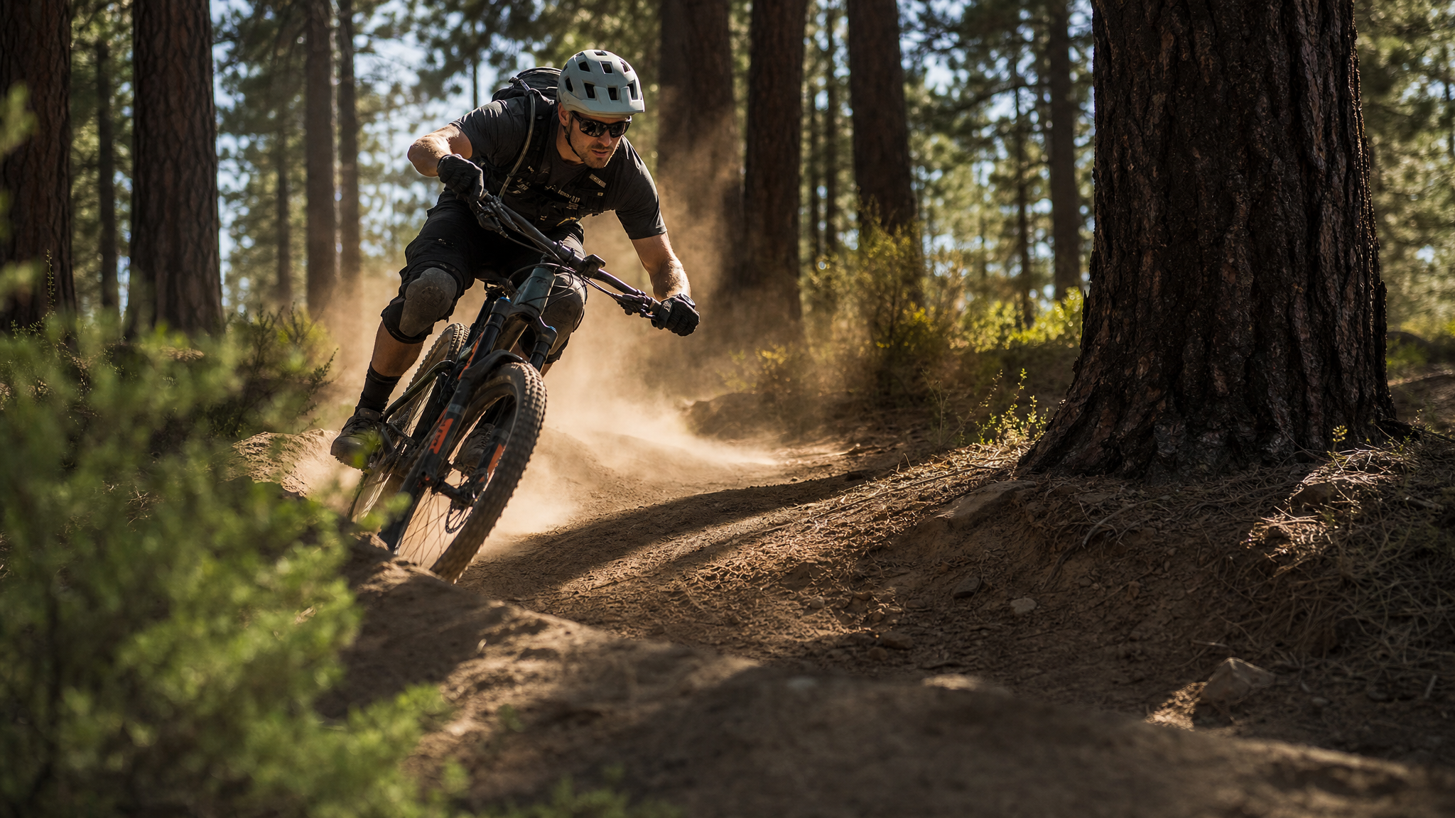 Mountain biker descending sunny PNW singletrack