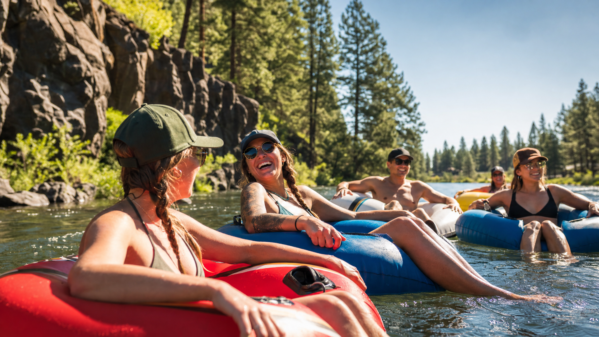 Floaters drifting down the Deschutes River in Bend, Oregon